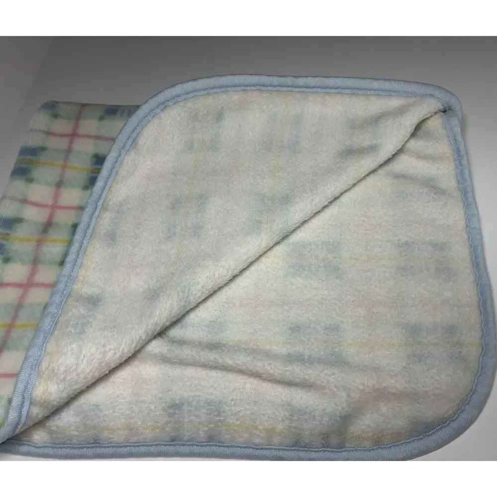 Vintage Springmaid Pastel Plaid Baby Blanket Blue Green Pink Yellow Soft Fleece